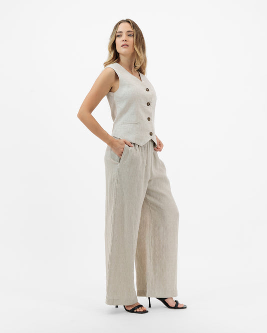Zuri - Light Stone Linen Wide-Leg Trousers